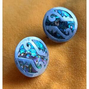 Vintage Mexican Sterling Abalone Screw Back Earrings Taxco Style